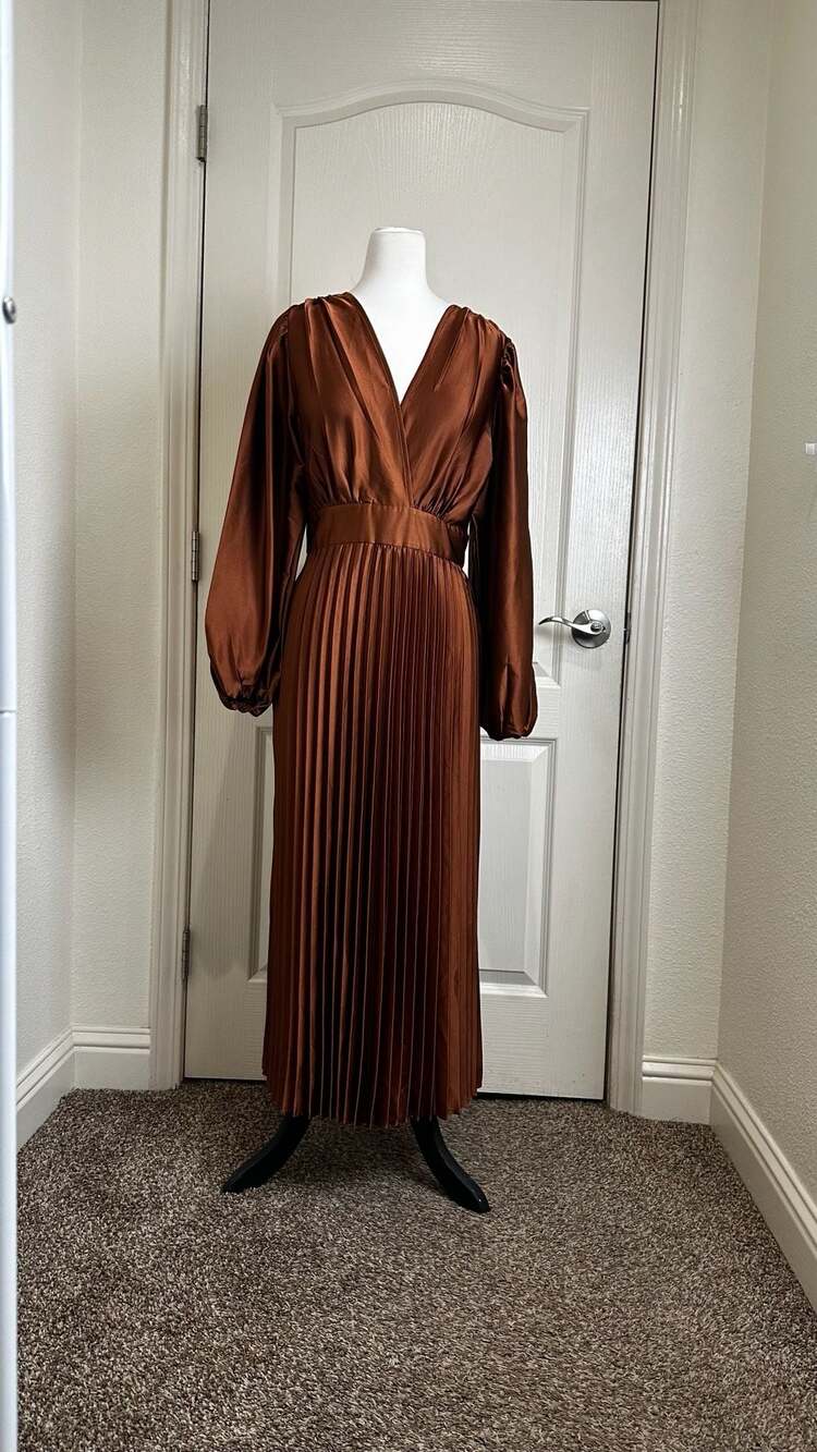 SHEIN Lantern Sleeve Pleated Midi Dress Brown Satin V-Neck